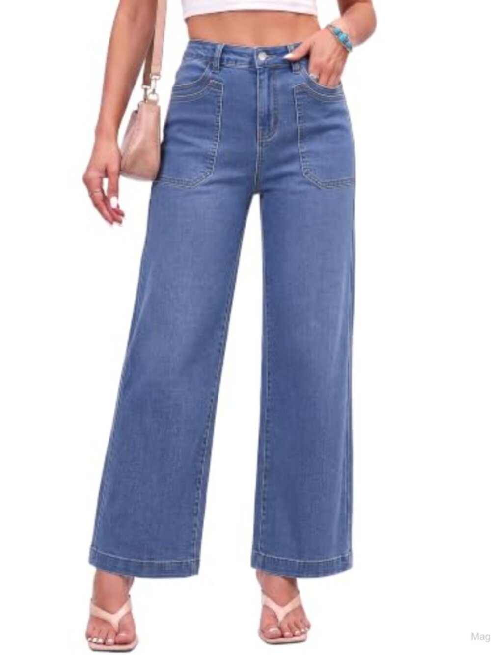 Wide Leg High Waisted Stretch Denim Jeans Patch Pocket Straight Leg